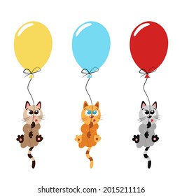 Set of cute striped kittens flying on balloons. Brown, red and gray cartoon cats. Bright clipart for birthday greeting card, baby shower. Collection of cool funny illustrations for nursery posters