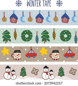 A set of cute strips of Christmas washi tape in blue, green, brown and cream.