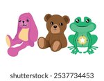 set of cute stuffed animals bear, rabbit and frog. Children