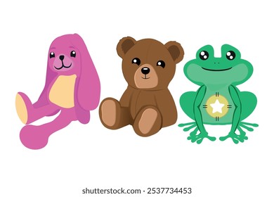 set of cute stuffed animals bear, rabbit and frog. Children's toys. vector illustration.