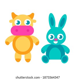 Set of cute stuffed toys isolated on white background. Animal toys collection in cartoon, modern style. Vector stock illustration of adorable plush baby animals. Cow, bull or calf and bunny.