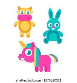 Set cute stuffed toys isolated white background  Animal toys collection in cartoon  modern style  Vector stock illustration adorable plush baby animals  Unicorn  cow  bull calf   bunny 