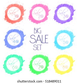 Set of cute style elegance sale banners in watercolor design for a shop and site on 10% 20% 30% 40% 50% 60% 70% 80% . Colorful vector illustration