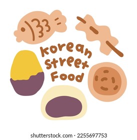 Set of cute style hand drawing of street food and snack concept eaten in winter in Korea. Fish-shaped bread, sweet potato, bread with red beans, bread with honey.