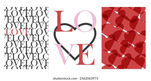 Set of cute stylish designs for Valentine's Day or wedding invitation. Vertical templates for romantic poster or love declaration card.