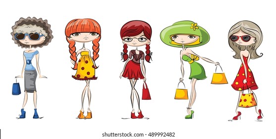 Set of cute stylish fashion girls, vector illustration for fashion card, invitation and banner
