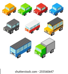 Set of cute and stylish isometric cartoon vehicles.