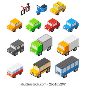 Set of cute and stylish isometric cartoon transport: personal urban vehicles, public and commercial cars.