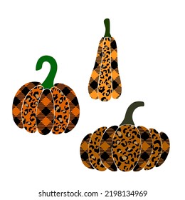 Set of cute stylish pumpkins with buffalo plaid and leopard print
