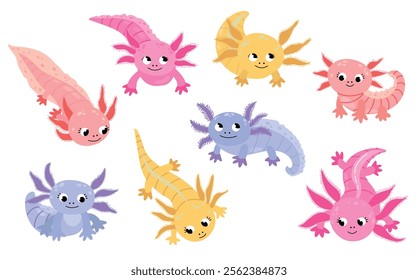 Set of cute stylized axolotls. White background, isolate
