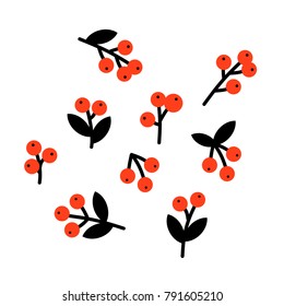 Set of cute stylized black twigs with red berries and leaves. Vector, isolated.
