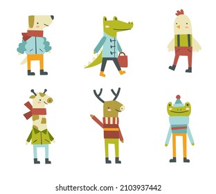 Set of cute stylized dressed animals. Collection of simple doodle mammal in clothes. 