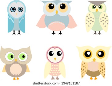 Set of cute stylized owls on a white background