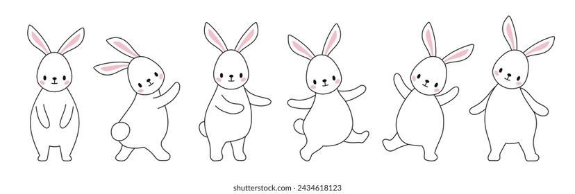 Set of cute, stylized rabbits. Easter bunnies in different poses linear drawing. Suitable for children's prints and coloring.