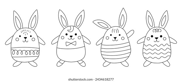 Set of cute, stylized rabbits. Easter bunnies in different poses linear drawing. Suitable for children's prints and coloring.