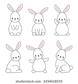 Set of cute, stylized rabbits. Easter bunnies in different poses linear drawing. Suitable for children's prints and coloring.