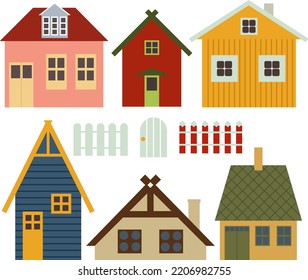 Set Of Cute Stylized Vector Country Houses. Rustic Architecture With Fences And Gates, Various Colors For Creativity And Decoration.