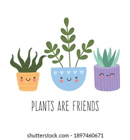 Set of cute succulents cactus with smiling funny faces, Mexican exotic home plants in pots collection. Hand drawn vector illustrations in modern trendy flat cartoon style, isolated on white background