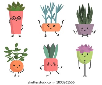 Set of cute succulents. Funny characters in cartoon style.