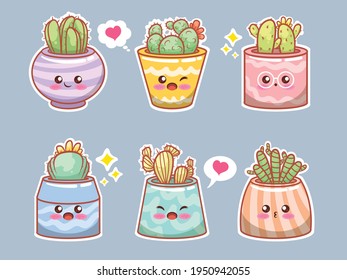 Set of cute succulents plant and cactus cartoon