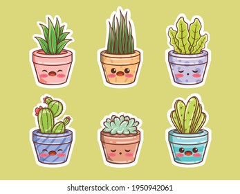 Set of cute succulents plant and cactus cartoon