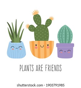 Set of cute succulents with smiling funny faces, exotic cactus home plants in pots collection. Hand drawn vector illustrations in modern trendy cartoon style, template  isolated on white background