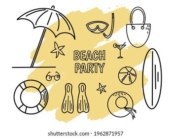 Set of cute summer accessories. Collection of flat vector elements for beach party. Isolated on white background.
