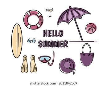 Set of cute summer accessories. Collection of flat vector elements for beach party. Isolated on white background.