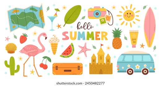 Set cute summer beach elements. Vacation accessories for sea holidays. Cartoon vector illustration