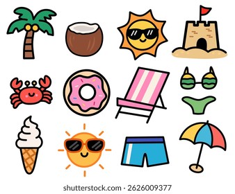 Set of cute summer beach elements in cartoon style, including sun, palm tree, coconut, sandcastle, swimsuit, crab, donut, ice cream, and umbrella. Perfect for vacation, travel, or summer party designs