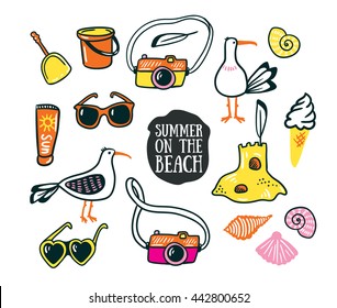 A set of cute summer and beach icons. Vector hand drawn illustration. Summer design elements isolated on the white background.