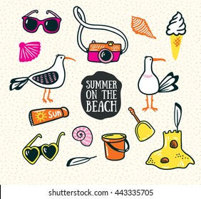 A set of cute summer and beach icons. Vector hand drawn illustration. Summer design elements isolated on the sand background.