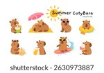 Set of cute summer capybaras in various poses and items. Hand drawn cartoon flat style. Vacation seasonal template for design, kids collection