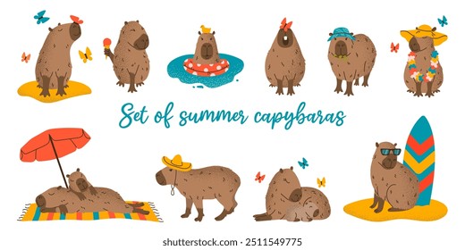 Conjunto de lindos capibaras de verano en varias poses y artículos. Estilo plano de dibujos animados dibujado a mano. Efecto texturizado granulado. Plantilla de temporada de vacaciones para el diseño, colección de los niños