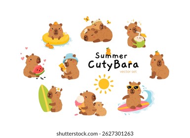 Conjunto de capivaras de verão bonito em várias poses e itens. Estilo plano desenho à mão desenhos animados. Modelo sazonal de férias para design, coleção de crianças