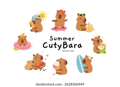 Set of cute summer capybaras in various poses and items. Hand drawn cartoon flat style. Vacation seasonal template for design, kids collection