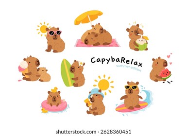 Set of cute summer capybaras in various poses and items. Hand drawn cartoon flat style. Vacation seasonal template for design, kids collection