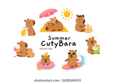 Set of cute summer capybaras in various poses and items. Hand drawn cartoon flat style. Vacation seasonal template for design, kids collection