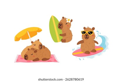 Set of cute summer capybaras in various poses and items. Hand drawn cartoon flat style. Vacation seasonal template for design, kids collection