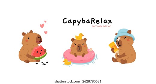 Set of cute summer capybaras in various poses and items. Hand drawn cartoon flat style. Vacation seasonal template for design, kids collection