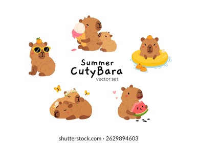 Conjunto de capivaras de verão bonito em várias poses e itens. Estilo plano desenho à mão desenhos animados. Modelo sazonal de férias para design, coleção de crianças