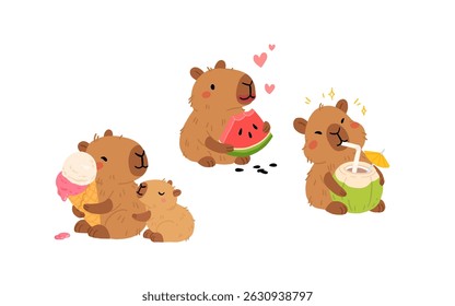 Set of cute summer capybaras in various poses and items. Hand drawn cartoon flat style. Vacation seasonal template for design, kids collection