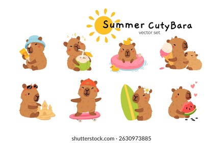Conjunto de capivaras de verão bonito em várias poses e itens. Estilo plano desenho à mão desenhos animados. Modelo sazonal de férias para design, coleção de crianças