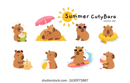 Set of cute summer capybaras in various poses and items. Hand drawn cartoon flat style. Vacation seasonal template for design, kids collection