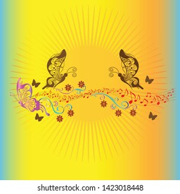 Set of Cute Summer Card Template.Colorful Hand Drawn Butterfly and Leaf Vector Patterns for Backgrounds and Brochures
