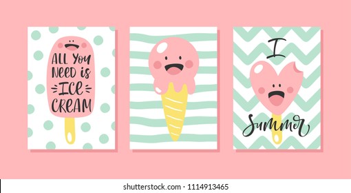 Set of cute summer cards with ice cream and hand written text. For birthday, anniversary, party invitations. Vector illustration.