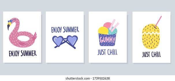 
Set of cute summer cards on a white background. Vector illustration in cartoon style. Hand drawing.