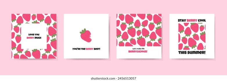 Set of cute summer cards with pink strawberries and funny phrases. Vector illustration	