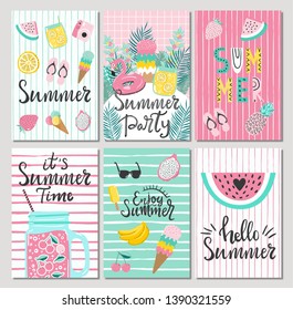 Set of cute summer cards and posters with hand drawn lettering typography words , Hello Summer, summer party, summer time and fruits, flamingos, palm leaves and textured background