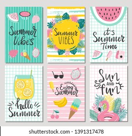 Set of cute summer cards and posters with hand drawn lettering typography words Sun and fun, Hello Summer, beach party, summer vibes and fruits, flamingos, palm leaves and textured background